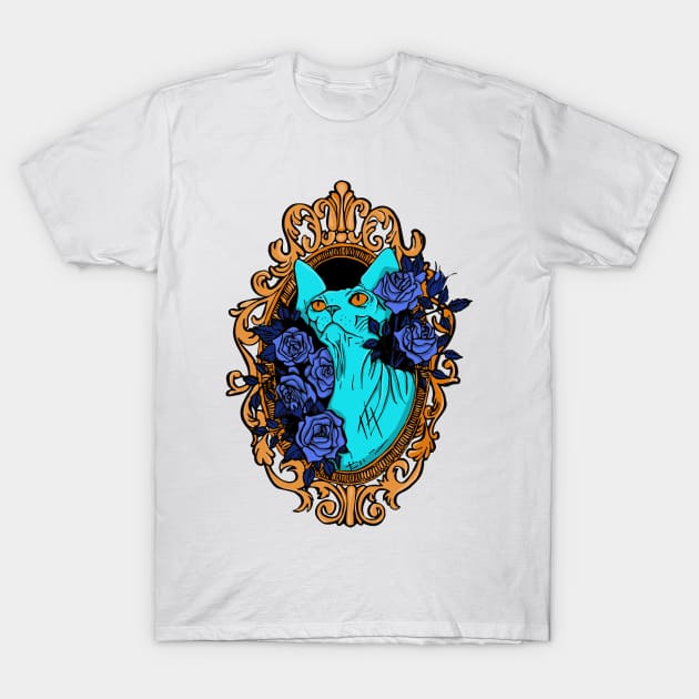 Neon Blue Sphynx Cat Surrounded by Roses and Baroque Frame - Royal Blue Pet Portrait - Hairless Kitty T-Shirt by AnanasArt